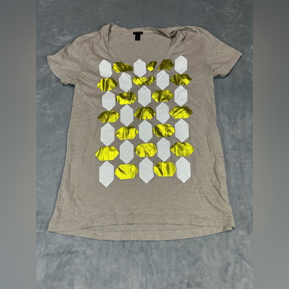 J. Crew V-Neck Geometric Foil Print Cotton Blend  T-Shirt Tee Top Beige XS